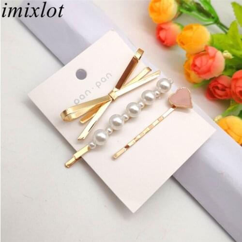 Imixlot 3pcs/set New Metal Bowknot Heart Imitation Pearl Hair Clips Women Girls Elegant Barrettes Fashion Hair Accessories