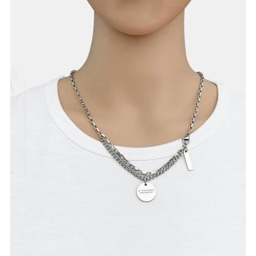 Fashion stitching double-layer titanium steel round brand necklace hip hop retro cold wind simple accessories pendant jewelry