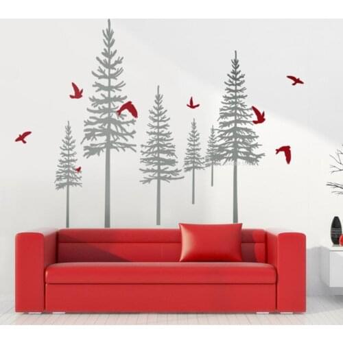 Pine Trees Wall Decal Winter Fir Trees and Birds Sticker Nature scene for nursery Kids Room wallpaper Living Room Decor ds016