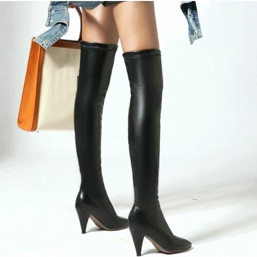 New Series Black White Women Thigh High Boots Fashion 8CM Tapered High Heel Pointed Toe Elastic Boots Sexy Slim Winter Boots