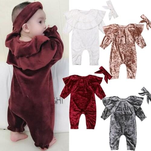 Newborn Baby Girl Clothes Velvet Jumpsuit Romper + Headband Outfits Long Sleeve Ruffle Collar Solid Jumpsuit