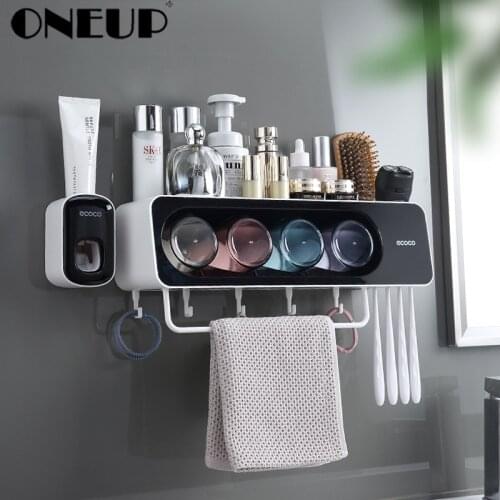 Oneup Wall-Mounted Toothbrush Holder Free Punching Automatic Toothpaste Dispenser Bathroom Storage Rack Bathroom Accessories