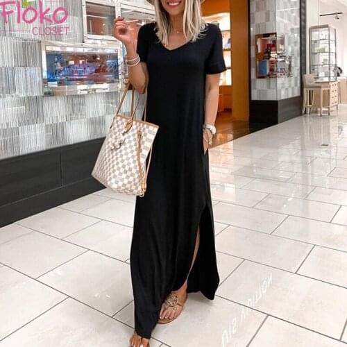 Flokocloset V-neck Casual Pocket Dress Women Baggy Summer Solid Color Loose Cotton Short Sleeve Maxi Dress for Women