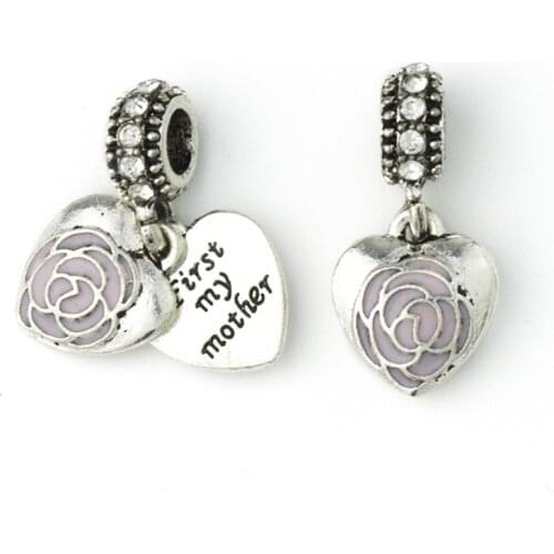 DIY Jewelry Pink Flower with Heart Pendent European Bead Charm Fit Snake Chain Bracelets & Necklaces