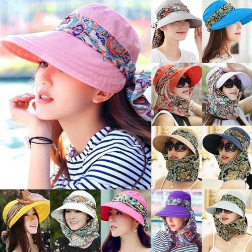 Women Lady Summer Outdoor Riding Anti-UV Sun Hat Beach Foldable Sunscreen Floral Print Caps Neck Face Wide Brim Hat