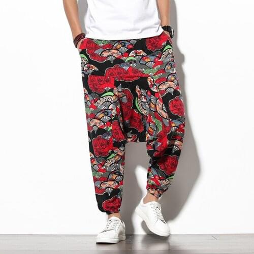 Men Harem Pants Drop Crotch Pockets Joggers Printed Casual Trousers Men Loose Hip Hop Baggy Korean Cotton Men Wide Leg Pants