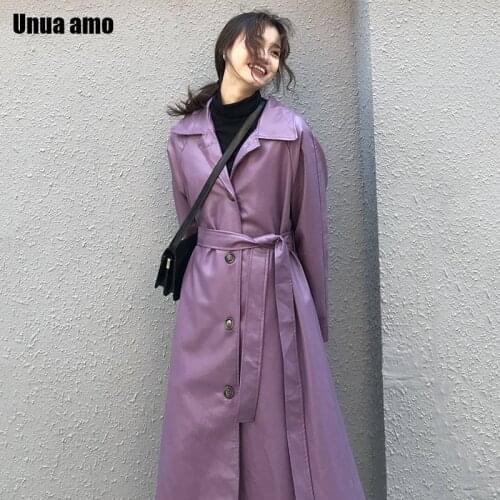 Unua amo PU Leather Coat Woman Long Trench 2021 Fashion Bandage Purple Faux Leather Jacket Womens Windbreaker