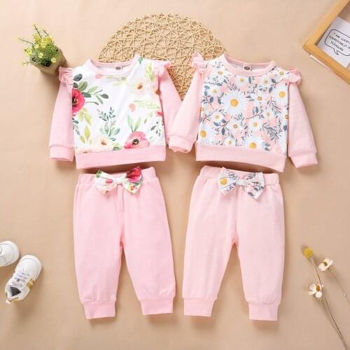 3-24M Spring Autumn Little girl Fall clothes Long Sleeve Floral Printed Bodysuit Daisy Print Pants Bow Sets