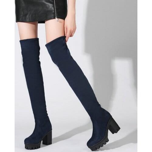 ZawsThia 2021 Winter Round Toe Chunky High Heels Platform Warm Sexy Over-The-Knee Boots Navy Blue Women Overknees Stretch Boots