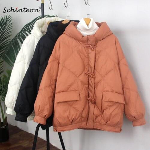 Schinteon Women White Duck Down Jacket Vintage Loose Over Size Horn Button Coat Hood Warm Autumn Winter with Drawstring Outwear