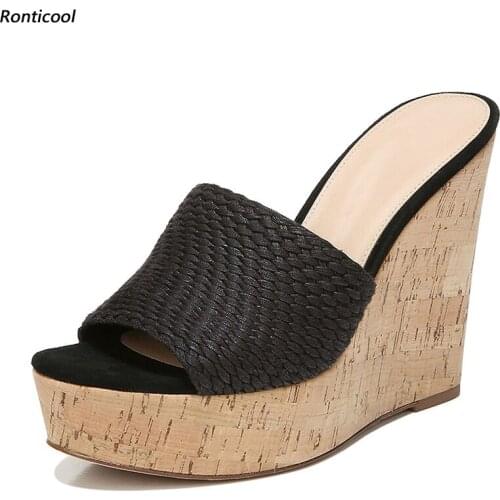 Ronticool New Handmade Women Mules Sandals Weave Slippers Sexy Wedges Heel Open Toe Black Casual Shoes Women US Plus Size 5-20