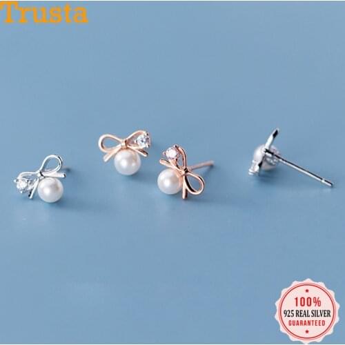 Trustdavis Genuine 925 Sterling Silver Cute Dazzling Bowknot CZ Stud Earrings Gift for Women Girls Silver 925 Jewelry Gift ED24