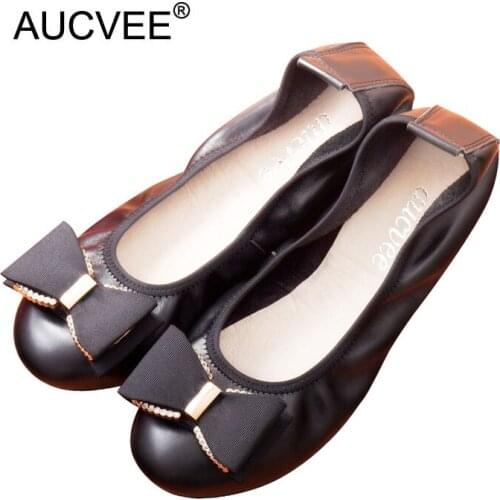 Womens Genuine Cow Leather Flats Comfortable Soft Natural Skin Flats For Women Sweet Rhinestone Bow Ballerinas Big Size 34-43