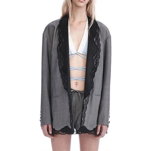 High quality 2018 new fashion brand gray lace stitching embroidery green fruit collar loose casual temperament woman coat jacket