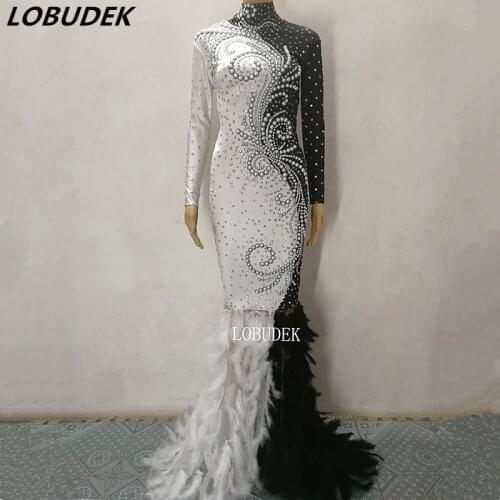 Female Black White Feathers Long Dress Sparkly Pearls Rhinestones Trailing Dress Prom Party Costume Singer Star Performance Wear