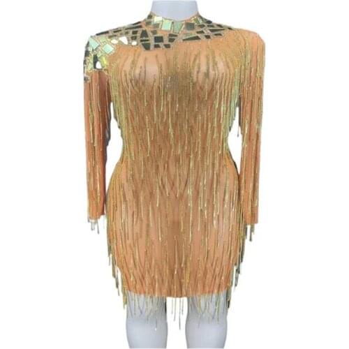 Women New Sexy Mesh Perspective Sequins Party Golden Tassel Dress Prom Party Halter Birthday Dress Singer Stage Show Wear