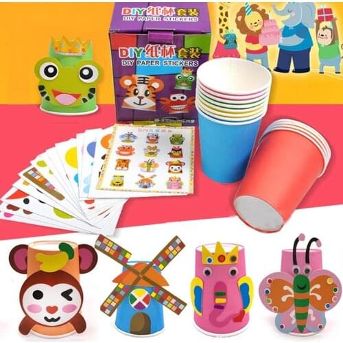 12pcs/set Kids Animals DIY handmade paper cups sticker material kit Children kindergarten school art craft Educational toys