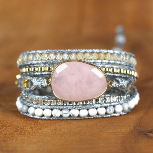 2020Natural Stone Leather Bracelet Pink Quartz Crystal 5 Strands Woven Wrap Bracelets Bohemian Bracelet for women drop shipping