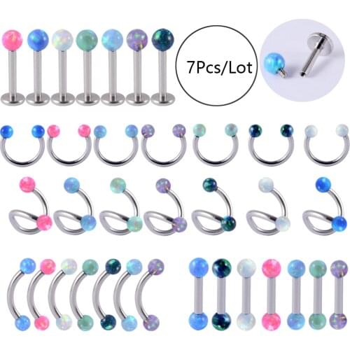 7Pcs Mixed Color Opal Ball Ear Cartilage Tragus Helix Lip Labret Stud Spiral Horseshoe Barbell Eyebrow Banana Bar Piercings
