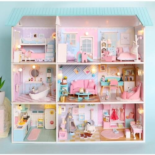 9in1 Wooden Dollhouse Miniature Building Model Room Box Diy Doll House Kit With Furniture Assemble Toy For Children Adult Gifts