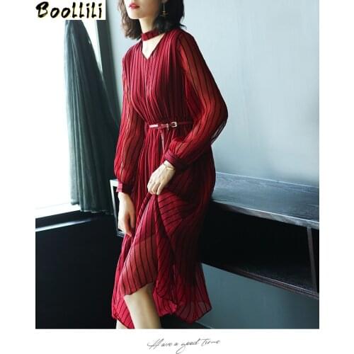 Boollili Spring Summer Dress Women Clothes 2020 Korean Vintage Stripe Long Party Dress Womens Dresses Red Chiffon Slim Dress