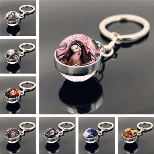 Keychain Anime Demon Slayer Kimetsu No Yaiba Kamado Tanjirou Key Ring Double-sided Glass Ball Pendant Accessory Gift