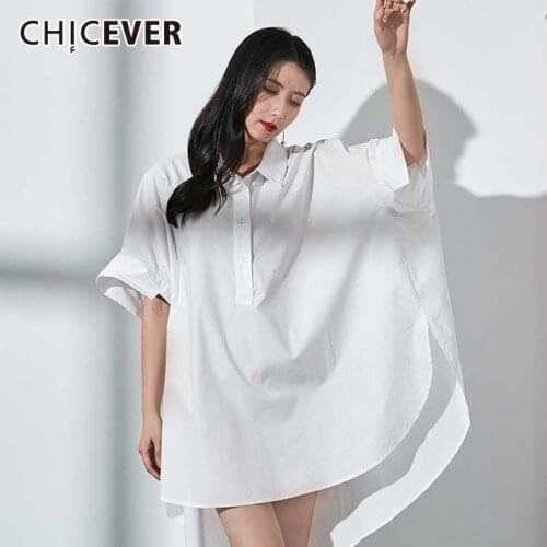 CHICEVER Summer Womens Shirts Blouse Hem Asymmetrical Turn Down Collar Half Batwing Sleeve Loose Shirt Blouses Fashion 2021 New