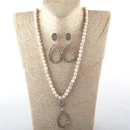 MOODPC Fashion Jewelry Set White Stone / White Glass Long Knotted Crystal Drop Necklace Earring set