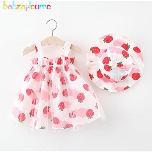 Summer Set Infant Princess Dress Cute Beach Strawberry Sleeveless Lace Cotton Baby Girls Dresses+Sunhat Newborn Clothes BC1875-1