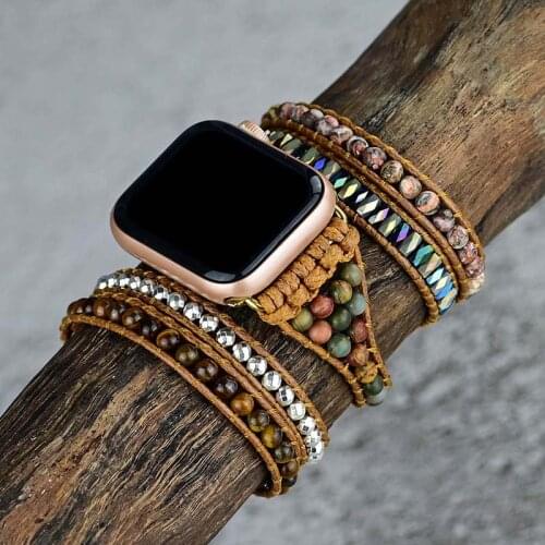Fashion Natural Stone Apple Watch Band BOHO Wax Rope Tiger-eye Stone 5 Wrap Charm Apple Watch Strap Wholesale&Dropshipping
