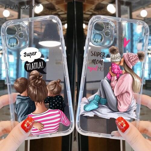 PUNQZY Cute MaMa Of Girl boy Mom Baby Cute Phone Case For iPhone 12 11 PRO MAX XR 6 8 7 Plus XS MAX SE 2020 Soft TPU Back Cover