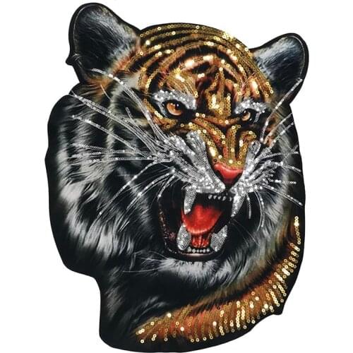 Hot New large Printed sequins Tiger Head Embroidery Cloth Sticker Coat Personality Decoration Back Label Large DIY Sew-On Patch