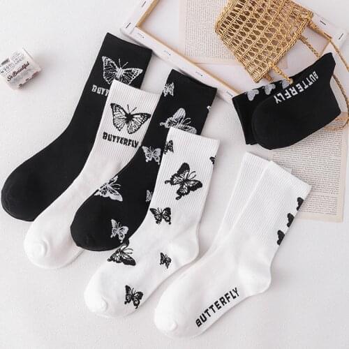 6pcs Japanese Hip-hop Style Black/White Breathable Mid Tube Socks Butterfly Pattern 1Pair Streetwear Fashion Sox for Women