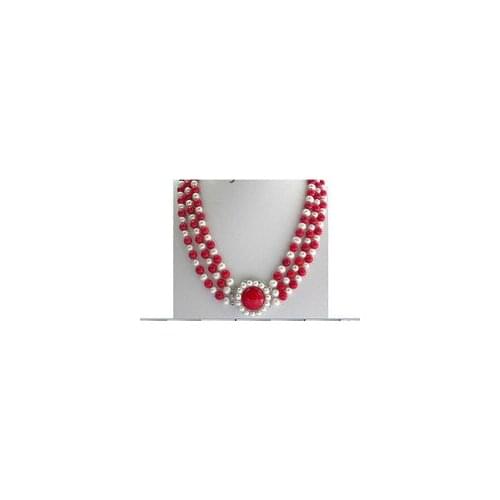 Natural AAA 3row White Pearl Red Coral Necklace Fine Lovely Bridal Wedding word shipping free