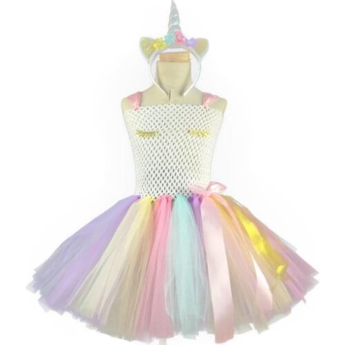 Girls Pastel Unicorn Tutu Dress Baby Crochet Tulle Dress with Pink Ribbon Bow and Flower Hairbow Kids Party Cosplay Costume Dresses