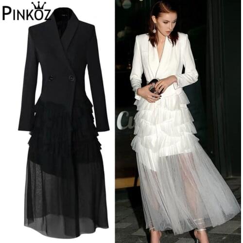 Pinkoz Party Dress Pleated Mesh Women Dresss Notched Long Sleeve High Waist Button Female Dresses Ruffles Party Dress
