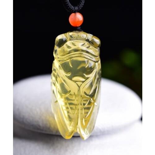 Genuine Natural Yellow Citrine Quartz Pendant Cicada Crystal Women Men 41*19*13mm Gemstone Love Wealthy Bead Necklace AAAAA
