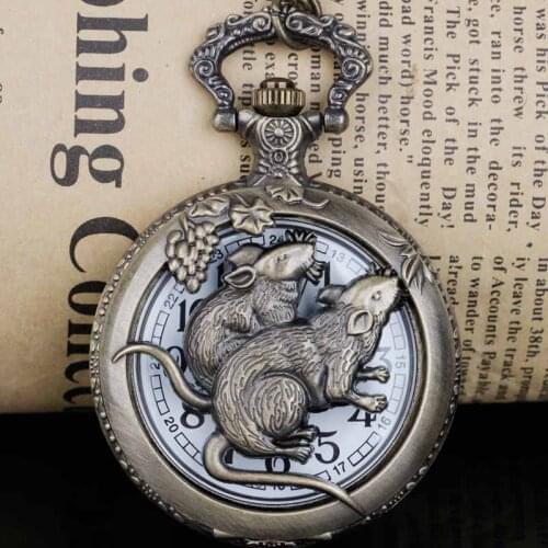 Dropshipping Mouse Pattern Bronze Hollow Quartz Pocket Watches Necklace Pendant Women Mens Gift