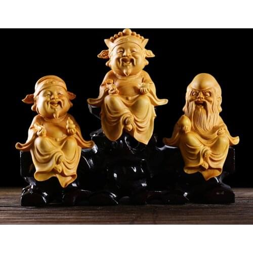 Wood Carving Oriental Mythology Luck 3 Stars Fu Lu Shou People Statue Desk Ornaments Crafts For Home Decors