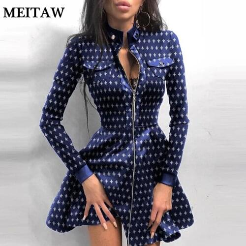 Sexy Women Slim Dresses Pocket Pu Leather Mini Dress 2020 Autumn Winter Casual Stand Collar Lady Zipper Printed Dresses
