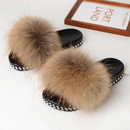 New Fur Sliders Indoor Slippers Comfortable Sandel Women Summer Fashion Real Fox Fur Flip Flops Ladies Luxury Sandals Shoes