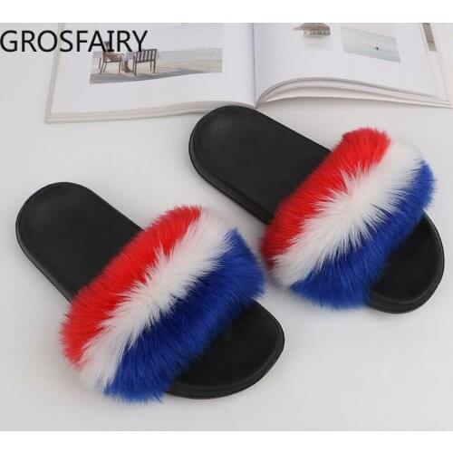 Summer Real Fox Fur Slippers Ladies Home Fluffy Slippers Comfortable Furry Flat Shoes Sweet Ladies Shoes Women Furry Slippers