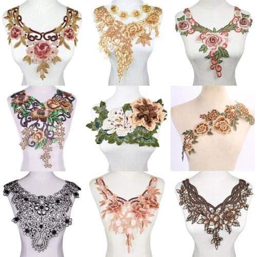 Craft collar Venise Brown Floral Embroidered Applique Trim Decorated Lace Neckline Collar Sewing Crafts