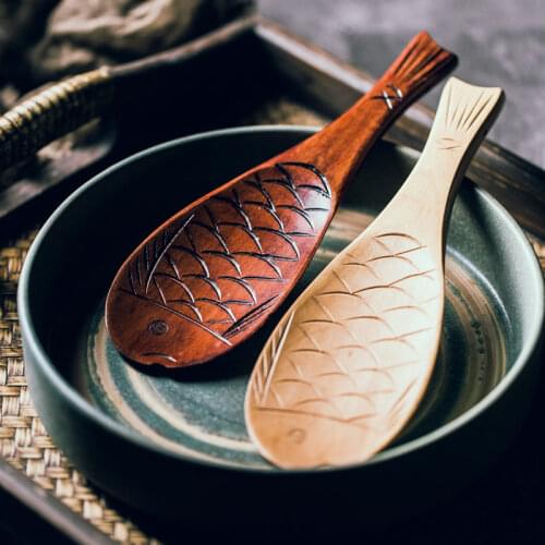 Japanese Wooden Rice Spoon Household Fish Shape Non Stick Rice Spoon Solid Wood Rice Spoon Creative Cute Kitchen