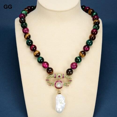GuaiGuai Jewelry Natural Mix Color Tigers Eye Round Necklace White Keshi Pearl Cz Pave Gold Plated Pendant Necklace For Women