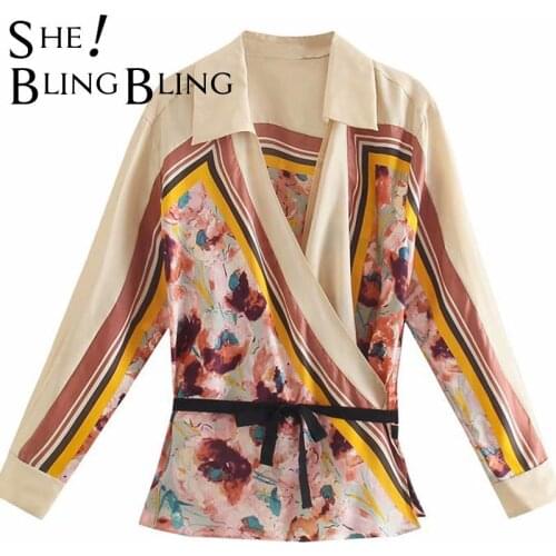 SheBlingBling Za Woman 2021 Casual Traf Blouses Thin Summer Fashion Floral Print Drop Shoulder Wrap Front Belted Loose Shirts