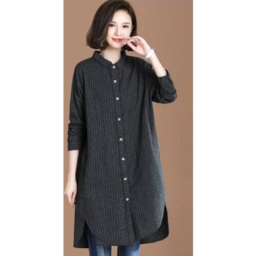 Plus Size Women Casual Long Shirts New Arrival 2020 Spring Fashion Stand Collar Striped Loose Female Cotton Tops Shirts P292