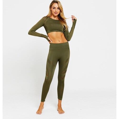 2 Pcs Sports Suits Set Women Yoga Sets Gym Fitness Athletic Pants Sportswear Leggings Shirt Seamless Sports Hollow Out