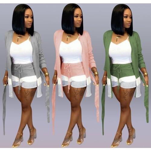 Casual Two Piece Set Women Fall 2019 Clothing Long Sleeve Cardigan+Lace Up Shorts Streetwear Pink Outfit Matching Sets