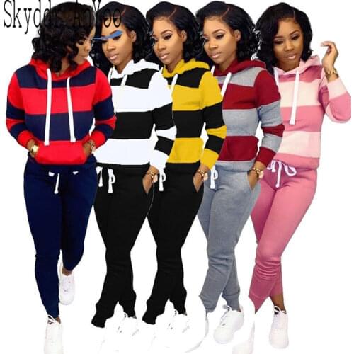 Spring Autumn Women 2 Piece Tracksuit Set Striped Hooded Sweatshirts Two Piece Pants Sets Plus Size 3XL Women Tracksuit Sets